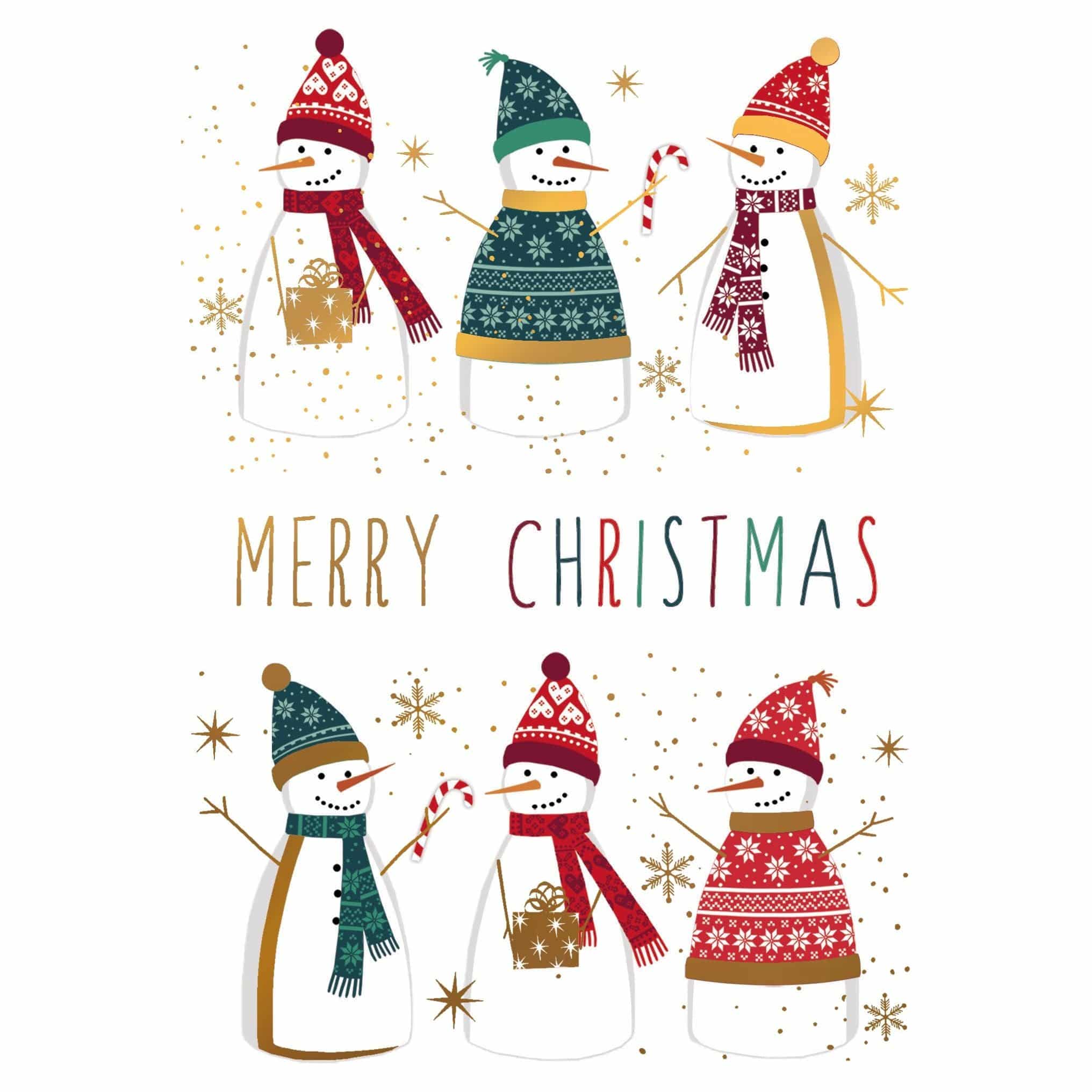 Festive Christmas card featuring snowmen in colorful hats, designed by Pictura for seasonal holiday greetings.